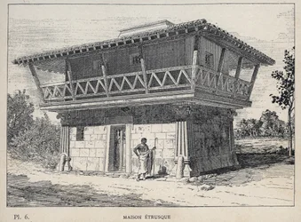 Maison etrusque (etruskiskt hus) - gravyr från 1889 i "History of human habitation at the Universal Exhibition of 1889, by Mr Charles GARNIER - Librairie centrale des beaux-arts Paris 1889