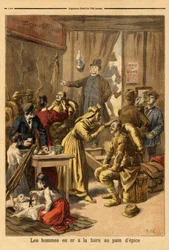 Makeup av skådespelare i en levande målning "" män i guld""" för pepparkaksmässan. Gravyr i "" Le petit journal"" 1894-04-16. Selvas samling.
