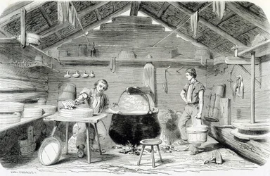 Att göra Gruyère-ost i en schweizisk chalet, eller ostfabrik i Alperna - i "" Industrins underverk"" av Louis Figuier