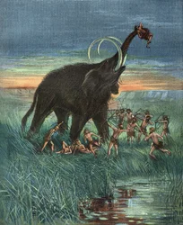 Jaktscen med mammut, stenåldern.