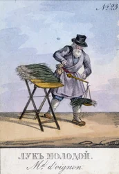 Man som väger lök i en våg som hänger på hans bälte. Illustration av 1800-talet. Gravyr av 1800-talet
