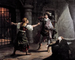 Manrico och Azucena är fängslade i Aliaferia Palace, Leonora försöker rädda dem Illustration för "" Fyndet"" (Il trovatore) av Giuseppe Verdi (1813-1901). Litografi omkring 1880. Privat samling