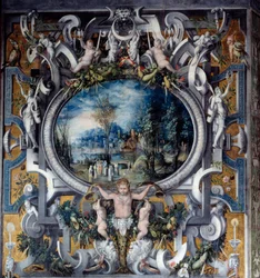 Mantel av skorstenen av hyllningen till Jules Cesar i rummet av romerska hjältar Anonym målning. Omkring 1547. Lyssna, Nationalrenässansmuseet