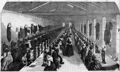 Tillverkning av cementee-penna: arbetare under förverkligandet av pennöppningen i en fabrik i Birmingham - Ingravering i "" Le Journal Illustrous""