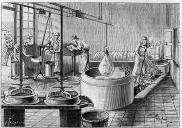 Tillverkning av gruyere: en modern ostfabrik. Gravyr i "" Nature: granskning av vetenskaperna och deras tillämpningar på konst och industri "" av 19 september 1891.