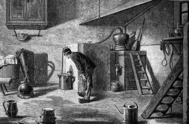 Tillverkning av kirsch: destillation, slottet Isenberg i Alsace. Gravyr i "" Le Journal de la jeunesse""