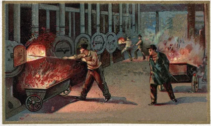 Tillverkning av belysningsgas: lastning av cornu. Kromolitografi från slutet av 1800-talet
