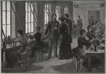 Tillverkning av metallfjädrar: slipverkstad i Frankrike på 1800-talet. Gravyr från 1885 i "" Les arts et metiers illustres"" av Adolphe BITARD.