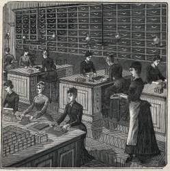 Tillverkning av metallfjädrar: sortering och omslag av fjädrar i en fabrik i Frankrike på 1800-talet. Gravyr från 1885 i "" Les arts et metiers illustres"" av Adolphe BITARD.