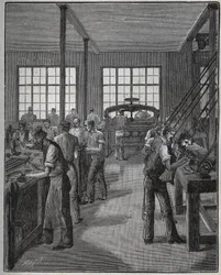 Tillverkning av pennhållare (pennhållare) och pennhållare (pennhållare). Gravyr från 1885 i "" Les arts et metiers illustres"" av Adolphe BITARD.