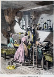 Tillverkning av tobak, förpackning av tobak för rökning. Litografi av Paris 1867, Musee Carnavalet