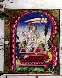 Manuskript till en liturgisk sång. Miniatyr som representerar uppståndelsen. 1400-talet. Kyrkan av den krönade jungfrun av Lodi.