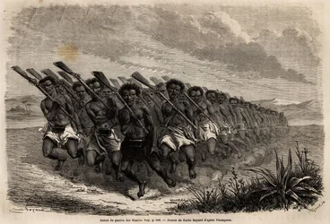 Maori War Dance, teckning av Emile Bayard (1837-1891), för att illustrera Ferdinand de Hochstetters resa till Nya Zeeland från 1858 till 1860. Gravyr i "" Le tour du monde", redigerad av Edouard Charton