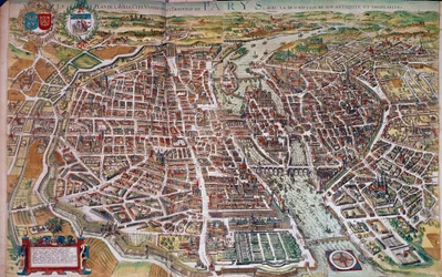 Karta och karta över Paris med utsikt över öarna och förorterna. 1600-talet. Paris, B.N.