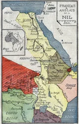 Karta över afrikanska territorier koloniserade av franska och engelska längs Nilen. Illustration i "" Le Pelerin"" den 2 oktober