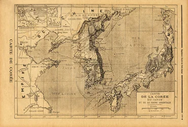 Karta över Korea, Japan och östra Kina. Gravyr i "" Le petit journal"" 1894-09-03. Selvas samling.