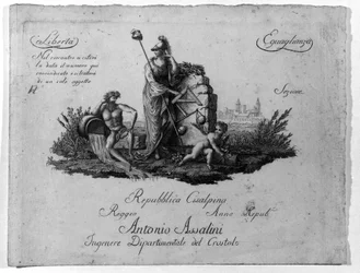 Karta över den cisalpina republiken (Cisalpina) skapad av Napoleon Bonaparte den 27/06/1797 på fransk modell i Italien, som blev Italienska republiken 1802. Den franska republikens värden är inskrivna i den (Liberte, Egalite). Gravyr Museo del ris