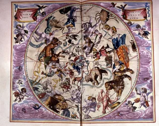 Karta över himlen och zodiakens tecken - faksimil av en uråldrig komposition som representerar konstellationerna på den norra himlen, enligt "Harmonia Macrocosmica" av André Cellarius