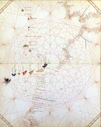 Karta som visar Gibraltar, Marocko och Kanarieöarna. Portulan från 1400-talet.
