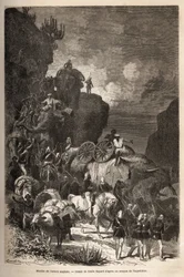 Marsch av den engelska armén mot Dalanta-platån, efter kejsar Theodoros trupper (cirka 1818-1868), med elefanter för transport av artilleripjäser. Gravyr för att illustrera berättelsen "" les captifs de Theodoros"", av doktor Henry Blanc