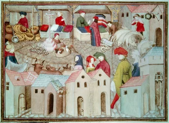 Marche de Champeaux i Paris Betail- och fjäderfähandlare, draperier. Miniatyr hämtad från "The Wandering Knight" av Thomas de Saluces (Tommaso III di Saluzzo), cirka 1403-1404. Paris, B.N.