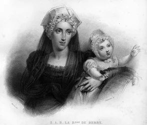 Marie - Caroline av Bourbon Sicilien, hertiginna av Berry (1798-1870) i änkeklänning, med sin dotter Louise Marie Therese av Artois (1819-1864). Gravyr från 1820.