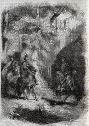 Marphise (Marfisa) and the Old Woman Meet Pinabel (Pinabello) - gravyr från 1851 från "" Furious Roland"" (1500-talet) av Ludovico Ariosto, känd som Ariosta - Upplaga översatt från italienska av greven av Tressan och publicerad av