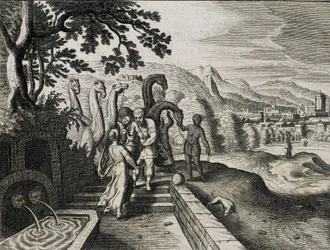 Isak och Rebeccas äktenskap. Gravyr från en 1600-talsbibel.