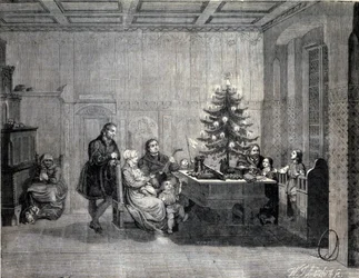 Martin Luther (1483-1546) tysk religiös reformator som firar jul med familjen. Gravyr av 1800-talet