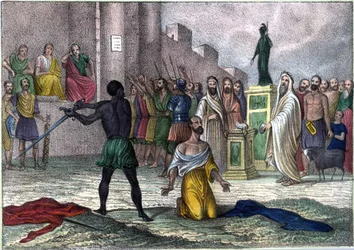 Martyrskap av Saint Cyprianus (Cipriano) (Cyprianus) 258, förste biskop av Kartago dömd till döden. i” L