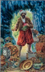 Maruf i grottan: Berättelsen om Maruf (Maruf) spararen "De tusen och en natt" (de 1001 nätterna eller Le mille e una notte, Arabiska nätter), kromolitografi från slutet av 1800-talet.