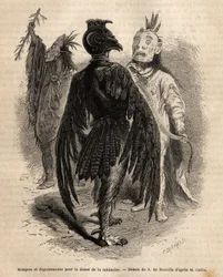 Masker och förklädnader för medicinens dans bland Naya-indianerna. Gravyr för att illustrera en utflykt bland indianstammarna i Colombia och Upper Missouri, av G. Catlin, 1855, publicerad i "" le tour du monde", under ledning