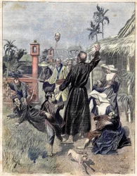 Massaker av kristna i Kina 1893, baserad på M. de Parys akvarell för Le soleil du dimanche. oktober 1893