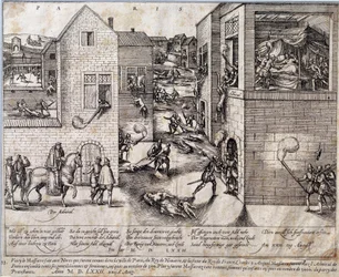 Massaker av Saint Barthelemy (Saint Barthelemy) i Paris natten till den 24 augusti 1572. Gravyr från 1500-talet. Pau, Musée du Chateau