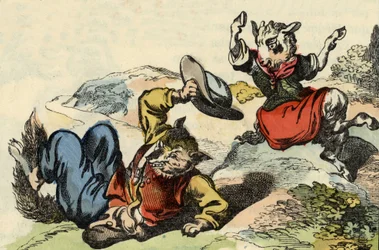 Mästerräven leker med Little Goat. Illustration av berättelsen "Bon medor och lilla Chevrette". I "" Sagor från hemmet för de minsta"". Anonym gravyr från 1800-talet.