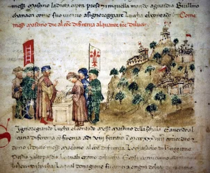 Mastino II della Scala (1308 - 1351) överlåter mycket mark från Lucca till staden Florens, omkring 1300 - i ”Croniche del Sercambi”, omkring 1400. Nationalarkivet, Lucca.