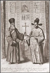Matteo Ricci (vänster) och Paul Ly (höger) i kinesisk kostym - i "The Oriental Company of the United Provinces Embassy to the Emperor of China, or Grand Cam of Tartaria"" av Pierre de Goyer och Jacob de Keyser. Utgivning i Leiden 1665.