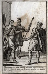 Maximian Hercules (Marcus Aurelius Valerius Maximianus) (cirka 250-310), romersk kejsare, grips av skräck vid åsynen av Konstantin (Konstantin I, Flauius Valerius Aurelius Constantinus, 272-306), hans svärson, som han tror att han högg i sin säng jag