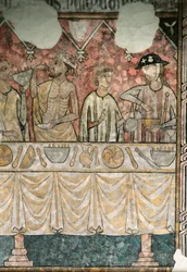 Måltidsscen i Pelerins matsal, detalj, från katedralen i Lleida