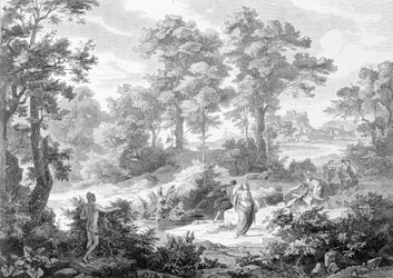Möte mellan Ulysses som låg nära en flod och Nausicaa. Gravyr från slutet av 1800-talet.