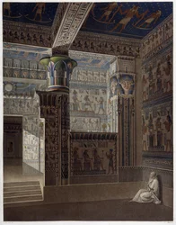 Memnonium Thebes, pl 37: Färgglad inre perspektivvy av templet i väst - i "" Egyptian Antiquites"", sd. 1800-talet