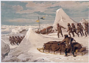 Män och slädar - i "" The shores of the polar sea, an Arctic expedition narration"", av Dr Edward Moos, Marcus Nard & Co, London