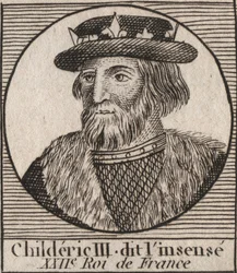 Merovingerdynastin: Porträtt av Childeric III (714-755) Frankernas kung - CHILDERIC III (d. 754) Frankernas kung, 741-751, och den sista av merovingerna - gravyr från "" Instruction sur l