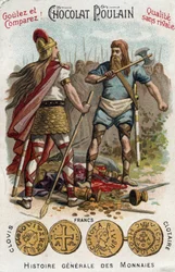 Merovingiens: Clovis 1:a sköt ner soldaten som hade krossat Soissons fartyg, år 486. In General History of Coins. Choklad-fölkromolitografi från slutet av 1800-talet. Privat samling.
