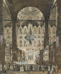 ""Mässa vid Dormitionskatedralen i Moskva Kreml, Ryssland"" (Mässa vid Dormitionskatedralen i Moskva Kreml) Anonym gouache ca 1850 Privat samling