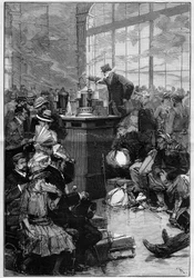 Åtgärder vidtagna mot den utbredda koleraepidemin i Toulon: desinfektionsrummet på Gare de Lyon, Paris. Gravyr i ""The Illustrious World""