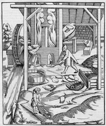 Metallugnsfläkt som drivs av en hydraulmotor. Fac simile (Fac-simile) av en gravyr publicerad i "" Cosmographie"" (1555) av Sebastien Munster. Gravering i "" Nature: granskning av vetenskaperna och deras tillämpningar på konst och industri "" av 10