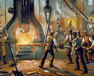 Metallurgi: trumhammare (trumhammare) - Tillverkning av järn. kromolitografi 1890.