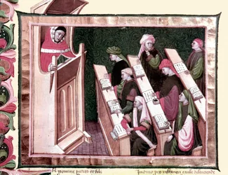 Medeltiden: undervisning vid ett universitet. Handskrift från början av 1400-talet. Nationella centralbiblioteket i Florens.