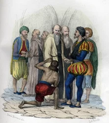 Miguel de Cervantes (1547-1616), spansk författare, tillfångatagen i Alger 1575. i "Ancient and Modern Algeria" av Léon Galibert. Italiensk upplaga i 1846 färg.